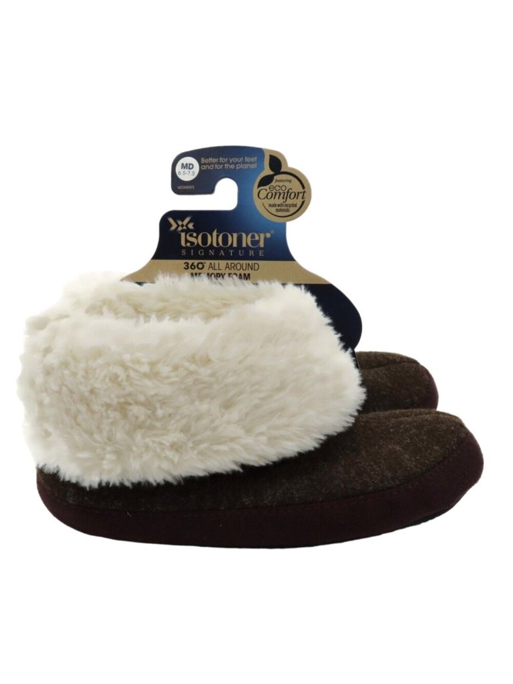 NEW Isotoner Women Medium 6.5-7.5 Brown Memory Foam Faux Fur Cuff Slippers